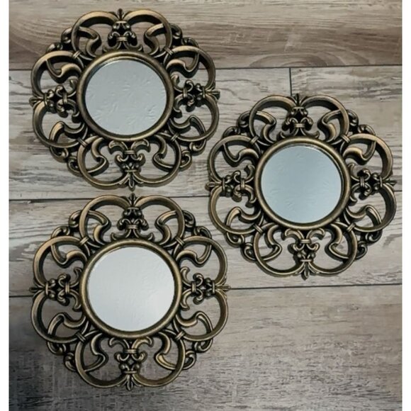 Fleur-de-lis Burnished Gold 3-Piece Mirror Set Wall Decor - Picture 3 of 4